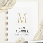 2024  Simple Monogram Initial Name White Planner<br><div class="desc">2024 Simple Monogram Initial Name White. Keep yourself on track for the year ahead with this minnimalist design with your initial in gold on a white background. Personalise with the year and your name. A coordinating gold is on the back.</div>