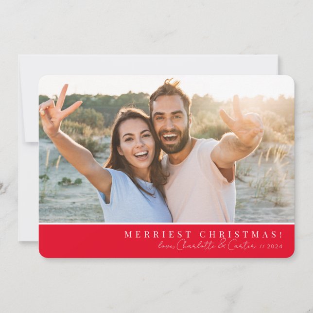 2024 SIMPLE PHOTO merry christmas calligraphy red Holiday Card (Front)