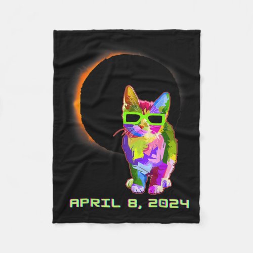 2024 Solar Eclipse Cat Wearing Solar Eclipse Glass Fleece Blanket
