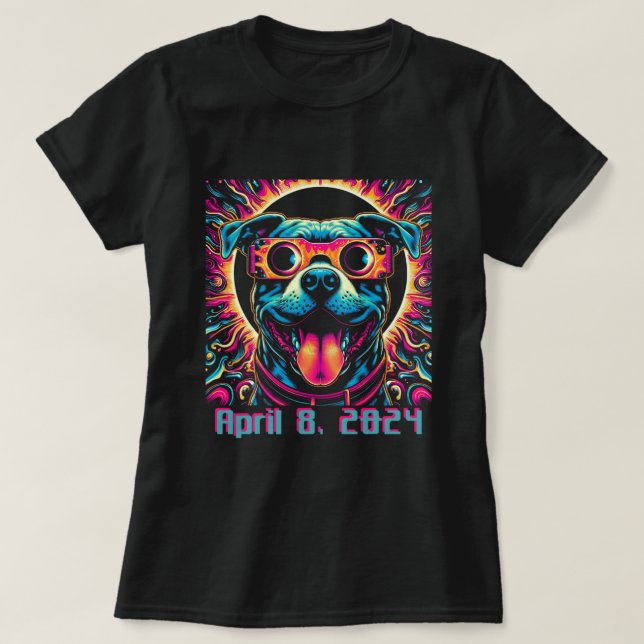 2024 Solar Eclipse Dog Pitbull Wearing Glasses Psy T-Shirt (Design Front)