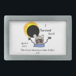 2024 Solar Eclipse Survival Edition Belt Buckle<br><div class="desc">Celebrate your survival of the April 8,  2024 "Great American Solar Eclipse 2.0" with this simple but trendy “I Survived (again)” cartoon eclipse with freaked-out observer. All texts and images are fully customizable.</div>