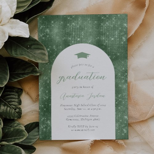 2024 Sparkly Sage Green Glam Arch Graduation Invitation