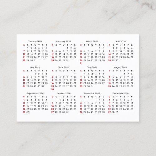 2024 Sunday Start Promotional Calendar Business Card