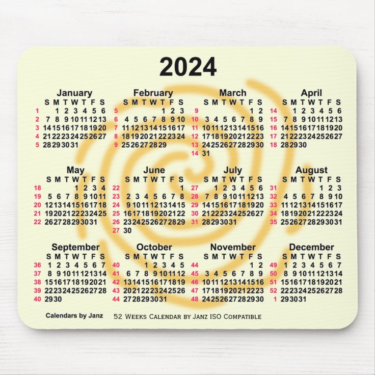 2024 Sunny Days 52 Weeks ISO Calendar by Janz Mouse Pad Zazzle