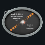 2024 Total Solar Eclipse Belt Buckle<br><div class="desc">Do you plan to see the 2024 Total Solar Eclipse? Then let the world know you will be there and that it will be awesome. This design consists of sequential images of a total solar eclipse in progress, showing the diamond ring effect at the center, with the date "April 8....</div>