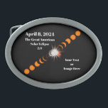 2024 Total Solar Eclipse Belt Buckle<br><div class="desc">Do you plan to see the 2024 Total Solar Eclipse? Then let the world know you will be there and that it will be awesome. This design consists of sequential images of a total solar eclipse in progress, showing the diamond ring effect at the center, with the date "April 8....</div>