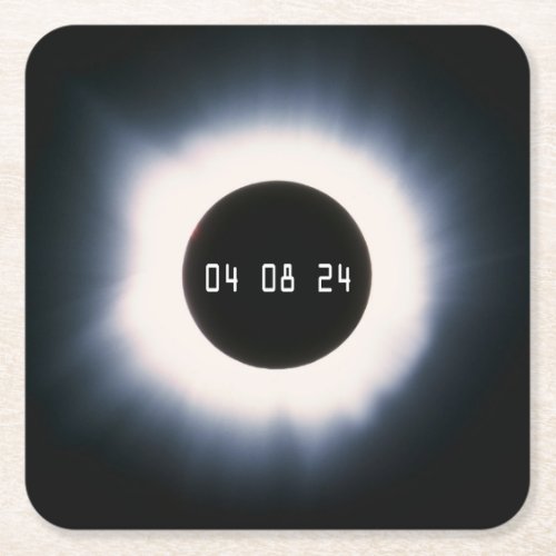 2024 Total Solar Eclipse in Black and White Square Paper Coaster