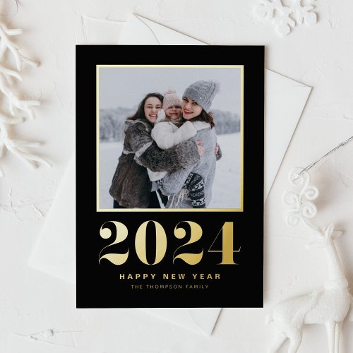 2024 Typography Black Happy New Year Photo Foil Holiday Card