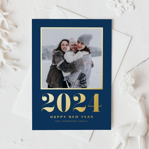 2024 Typography Navy Blue Happy New Year Photo Foil Holiday Card