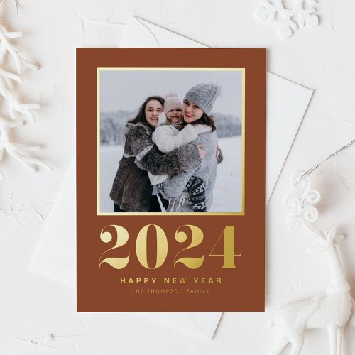 2024 Typography Terracotta Happy New Year Photo Foil Holiday Card