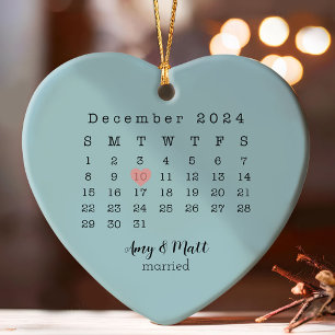2024 Wedding Date Heart Calendar Married Ceramic Ornament
