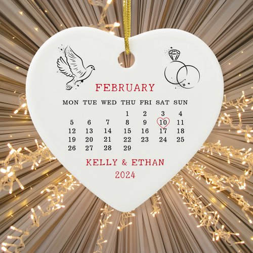 2024 Wedding Date Heart Calendar Married Ceramic Ornament