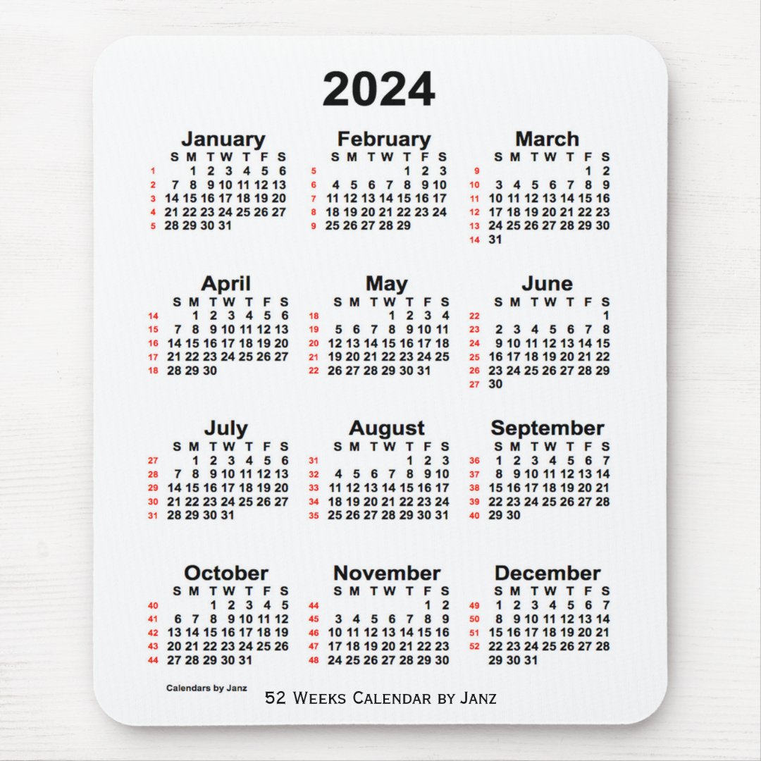 2024 White 52 Week Calendar by Janz Mouse Pad | Zazzle