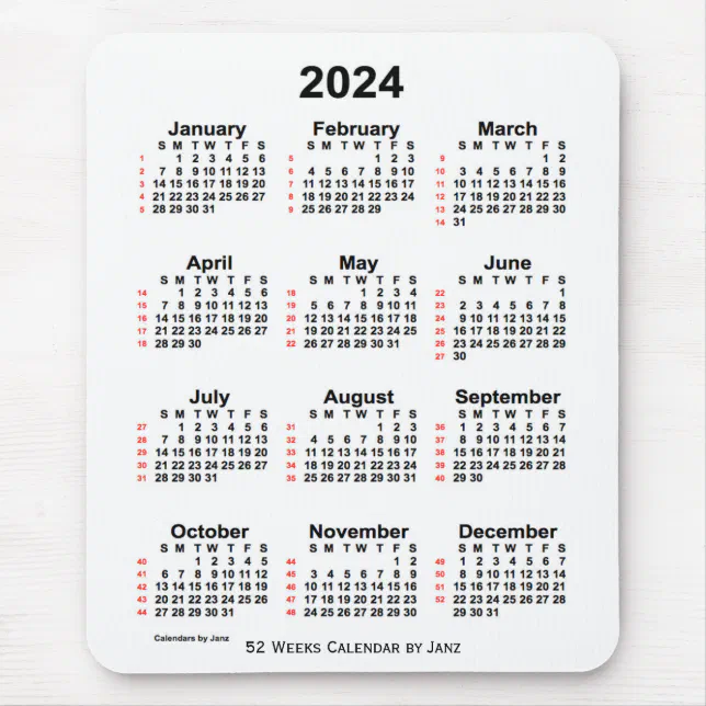 2024 White 52 Week Calendar by Janz Mouse Pad | Zazzle