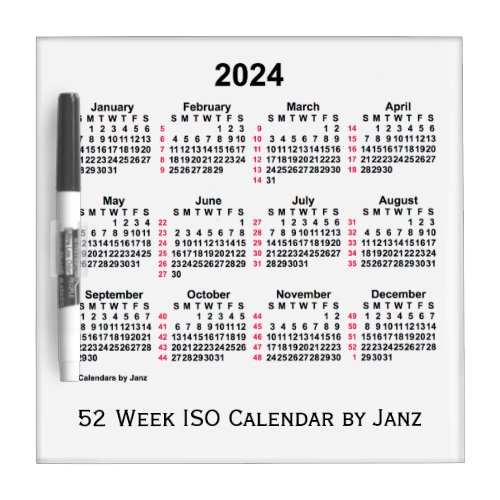2024 White 52 Week ISO Calendar by Janz Dry Erase Board