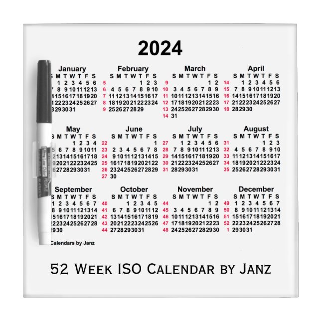 2024 White 52 Week ISO Calendar by Janz Dry Erase Board (Front)
