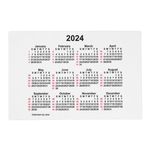 2024 White 52 Week ISO Laminated Calendar by Janz Placemat