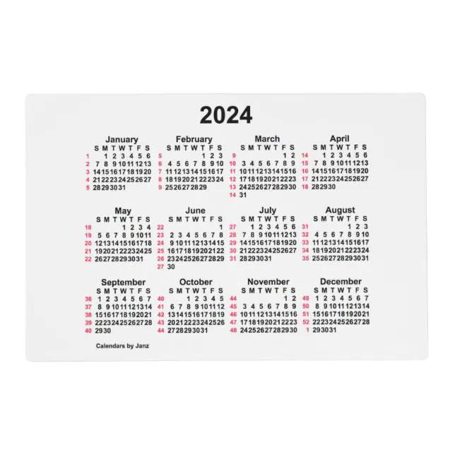 2024 White 52 Week ISO Laminated Calendar by Janz Placemat Zazzle