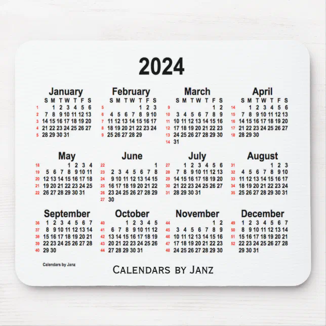 2024 White 52 Weeks Calendar by Janz Mouse Pad | Zazzle