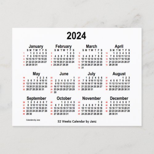 2024 White 52 Weeks Calendar by Janz Postcard