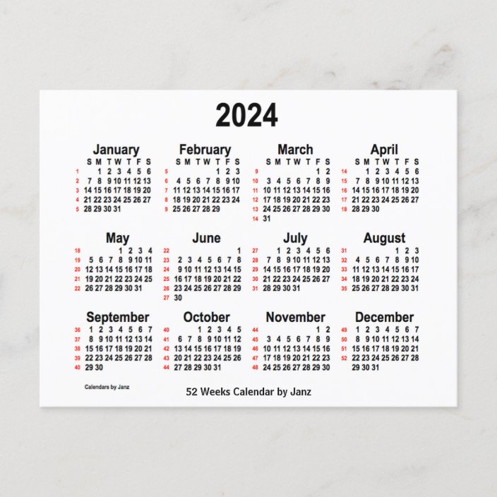 2024 White 52 Weeks Calendar by Janz Postcard | Zazzle.com