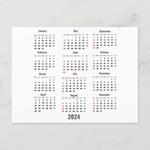 2024 White 52 Weeks Calendar Postcard