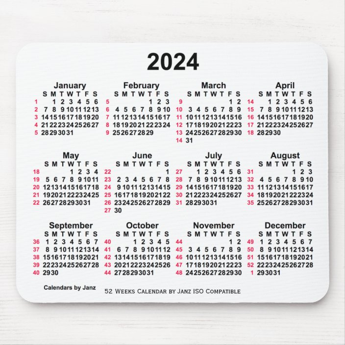 2024 White 52 Weeks ISO Calendar by Janz Mouse Pad