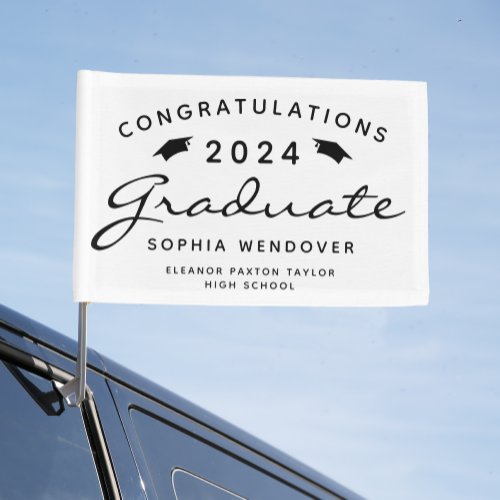2024 White Black Script Caps Graduation Car Flag