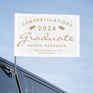 2024 White Gold Script Caps Graduation Car Flag