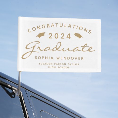 2024 White Gold Script Caps Graduation Car Flag
