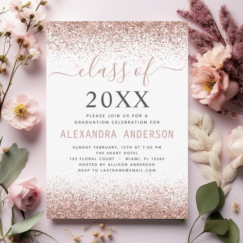 2024 White Graduation Party Pink Rose Gold Glitter Invitation