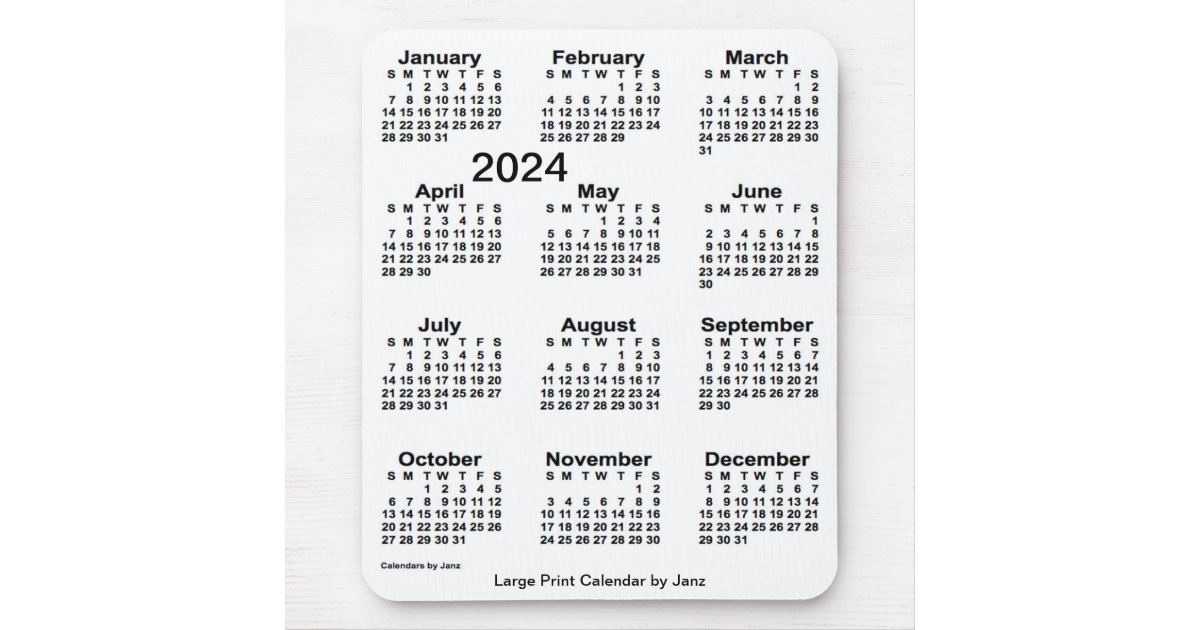 2024 White Large Print Calendar by Janz Mouse Pad | Zazzle