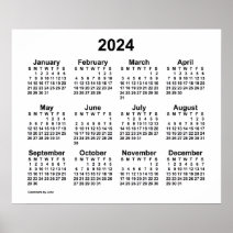 Simple Black & White 2024 Year At Glance Calendar Poster