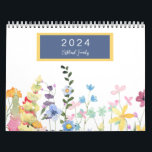 2024 Wildflower Photo Family Name Calendar<br><div class="desc">Watercolor Wildflowers calendar.  Pinks,  peach,  pale blue and green on a white background.  Family Name and 2024  Each month has a photo replacement.</div>