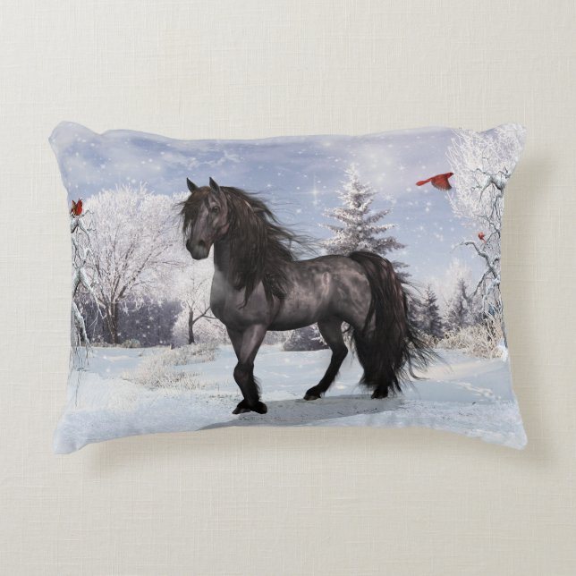 2024 Winter Holiday Friesian Horse customizable Accent Pillow (Front)