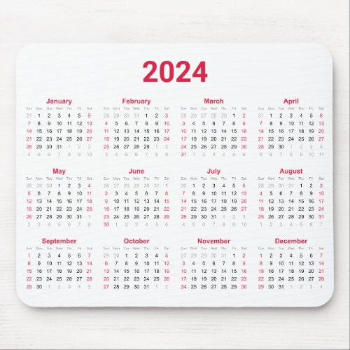 2024 Year At A Glance Red and White Calendar Mouse Pad