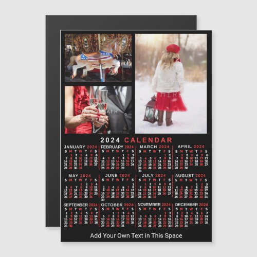 2024 Year Calendar Black Red Personalized Photo Magnetic Invitation