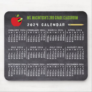 2024 Year Calendar Chalkboard School Teacher Name Mouse Pad