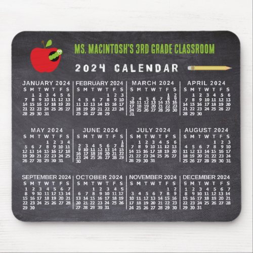 2024 Year Calendar Chalkboard School Teacher Name Mouse Pad