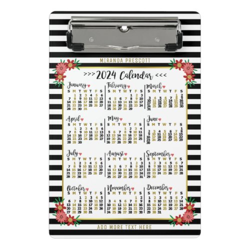 2024 Year Calendar Cute Floral Stripes  Custom Mini Clipboard