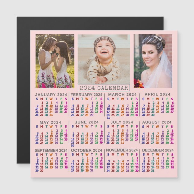2024 Year Calendar Cute Pink Family Photo Collage Magnetic Invitation (Front/Back)