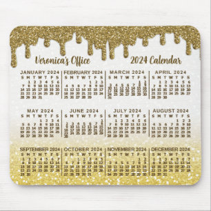 2024 Year Calendar Faux Gold Glitter Drips Custom Mouse Pad
