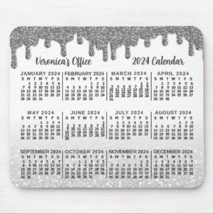 2024 Year Calendar Faux Silver Glitter Drips Name Mouse Pad