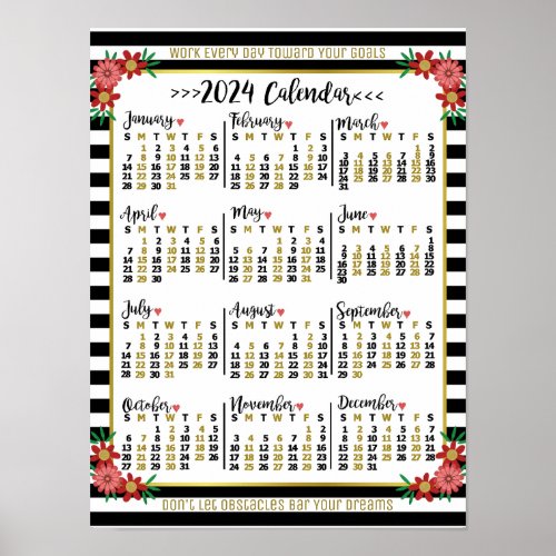 2024 Year Calendar Floral Stripes  Custom Text Poster