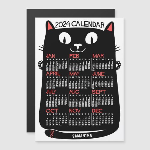 2024 Year Calendar Mid_Century Black Cat Monthly Magnetic Invitation