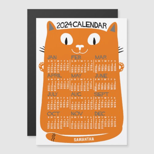 2024 Year Calendar Mid_Century Orange Cat Monthly Magnetic Invitation