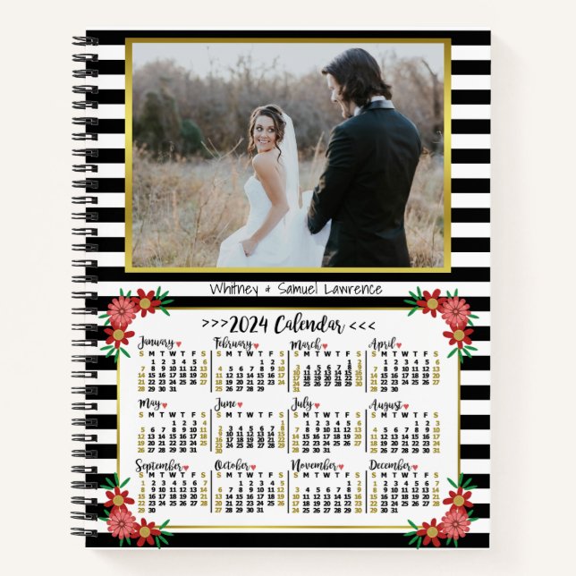 2024 Year Calendar Preppy Floral Stripes | Photo Notebook (Front)