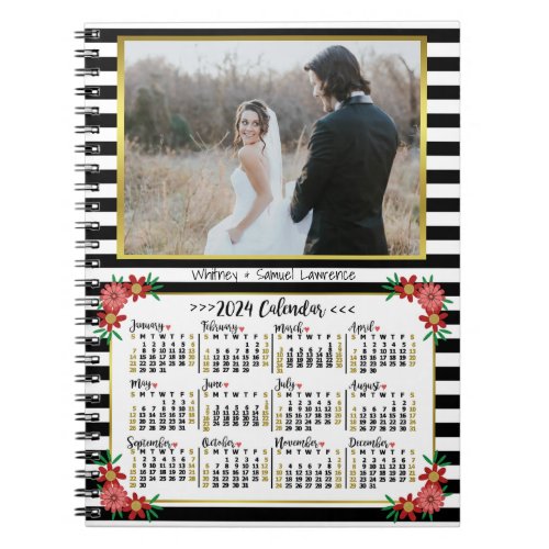 2024 Year Calendar Preppy Floral Stripes  Photo Notebook