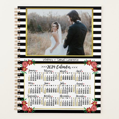 2024 Year Calendar Preppy Floral Stripes  Photo Planner