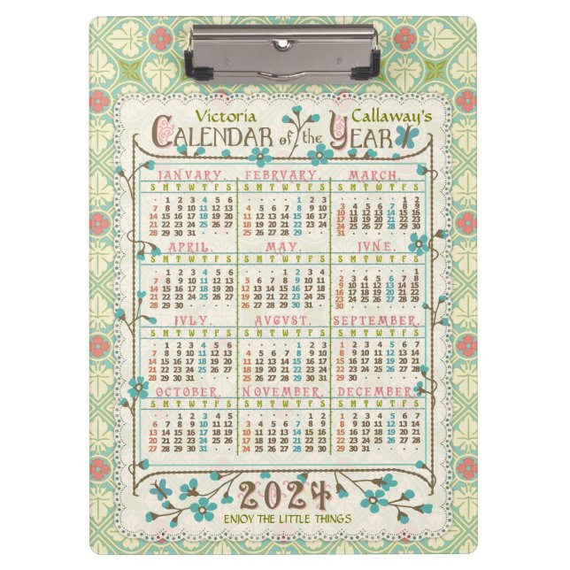 2024 Year Calendar Victorian Art Nouveau | Custom Clipboard (Front)
